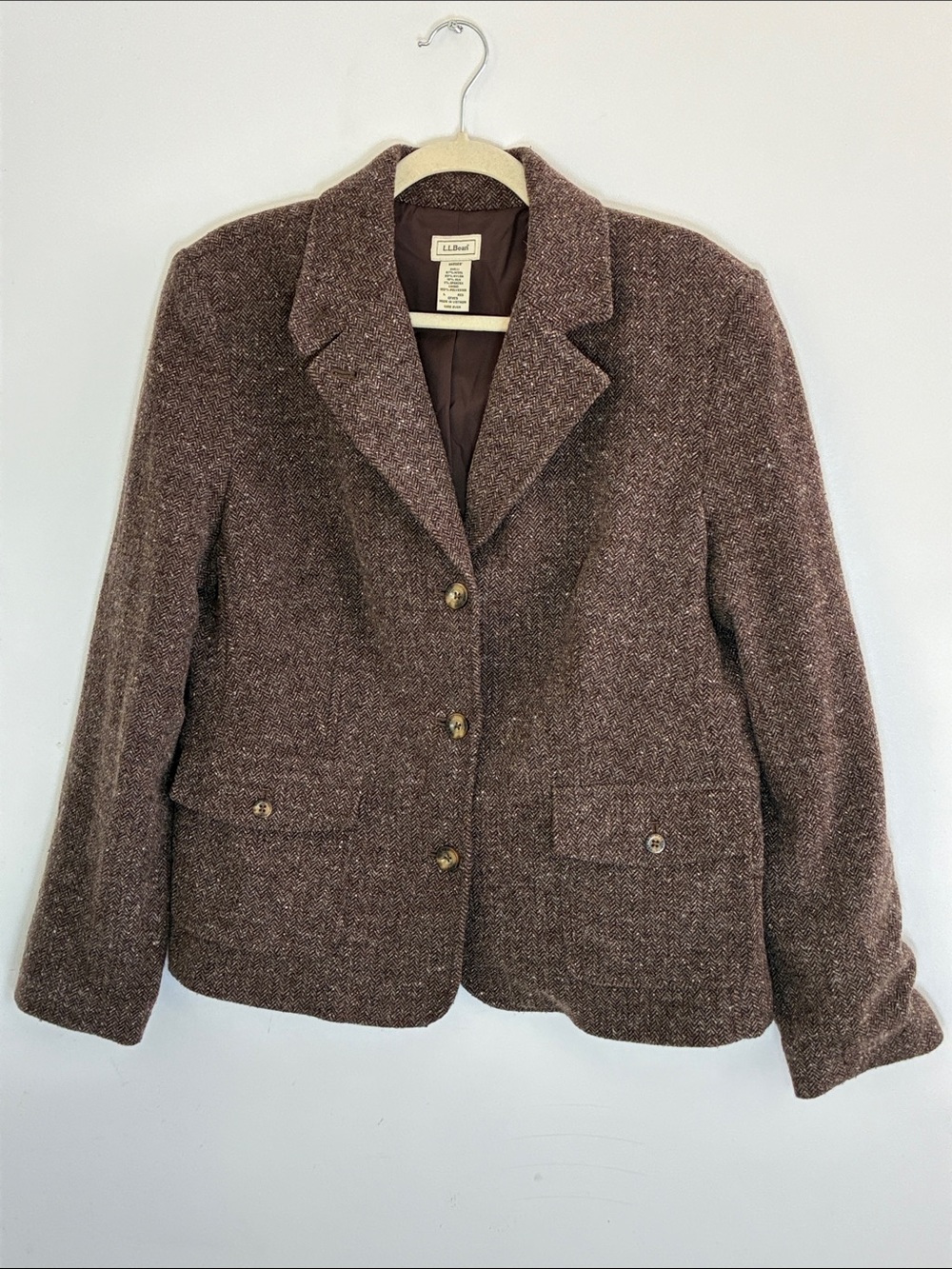 Vintage L.L.Bean Herringbone Tweed Blazer Brown Silk Blend 3 Button L